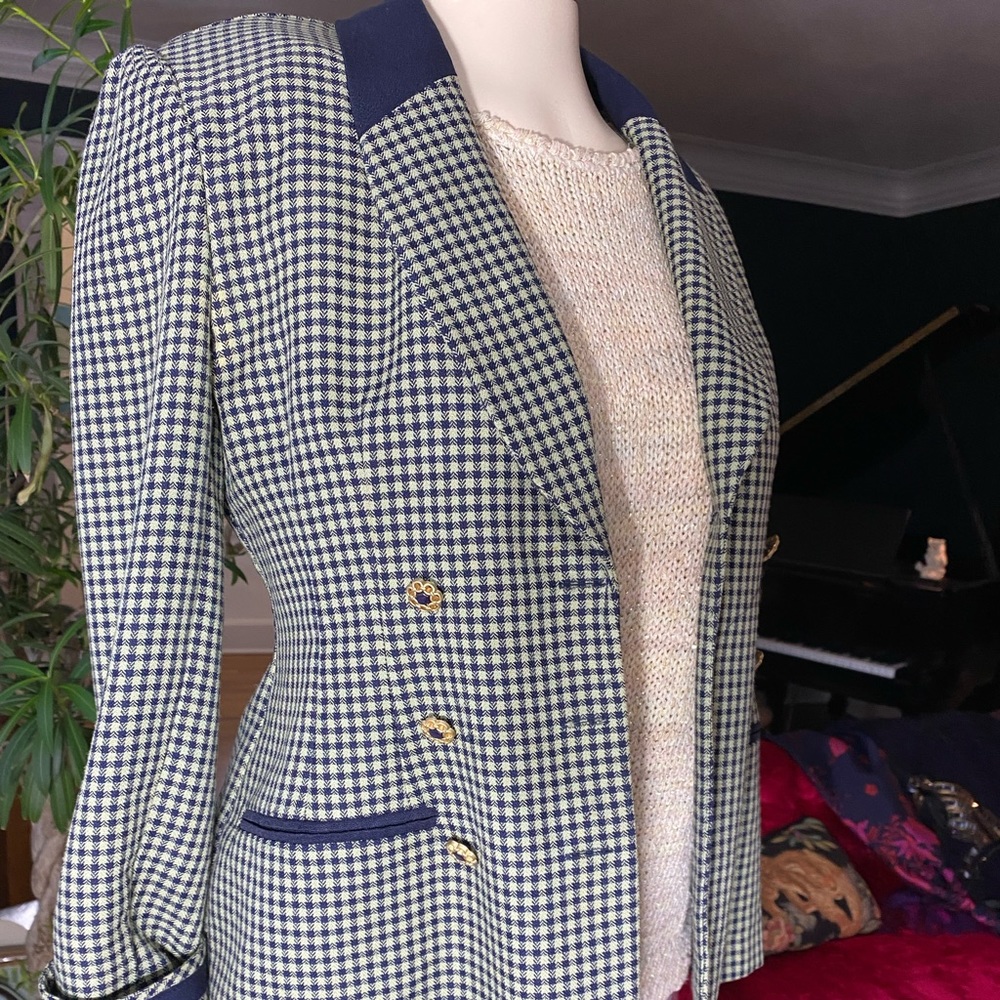 Petite sophisticate checkered double breasted navy & green/beige size 2p blazer